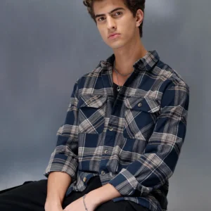 Men's casual checkered pattern regualr fit shacket | Navy Blue
